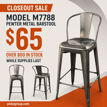 AMKO M7788 Pewter Commercial Grade Restaurant Barstool